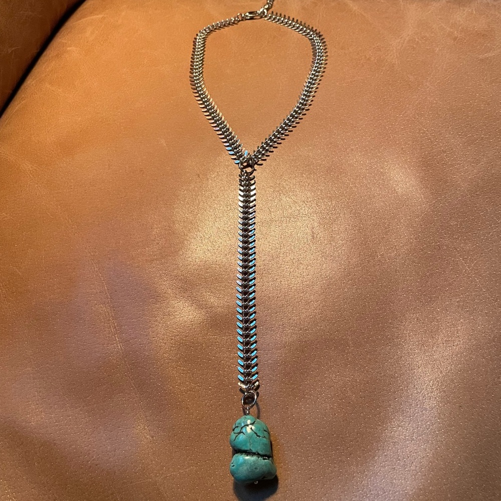 Turquoise vertebrae backbone lariat necklace silver blue Y necklace - Picture 3 of 7